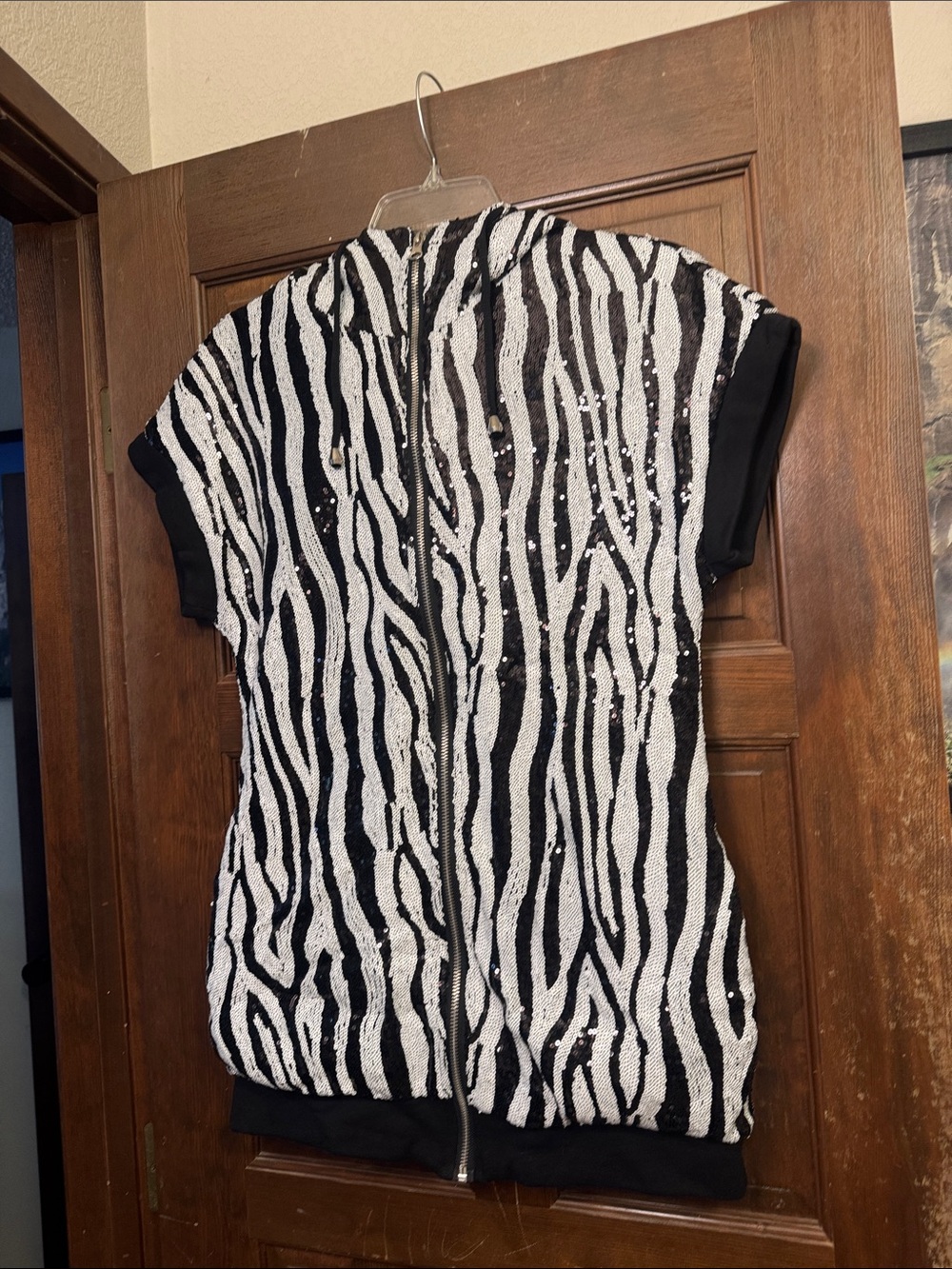 Zebra Sequin Short Sleeve Zip Hoodie
